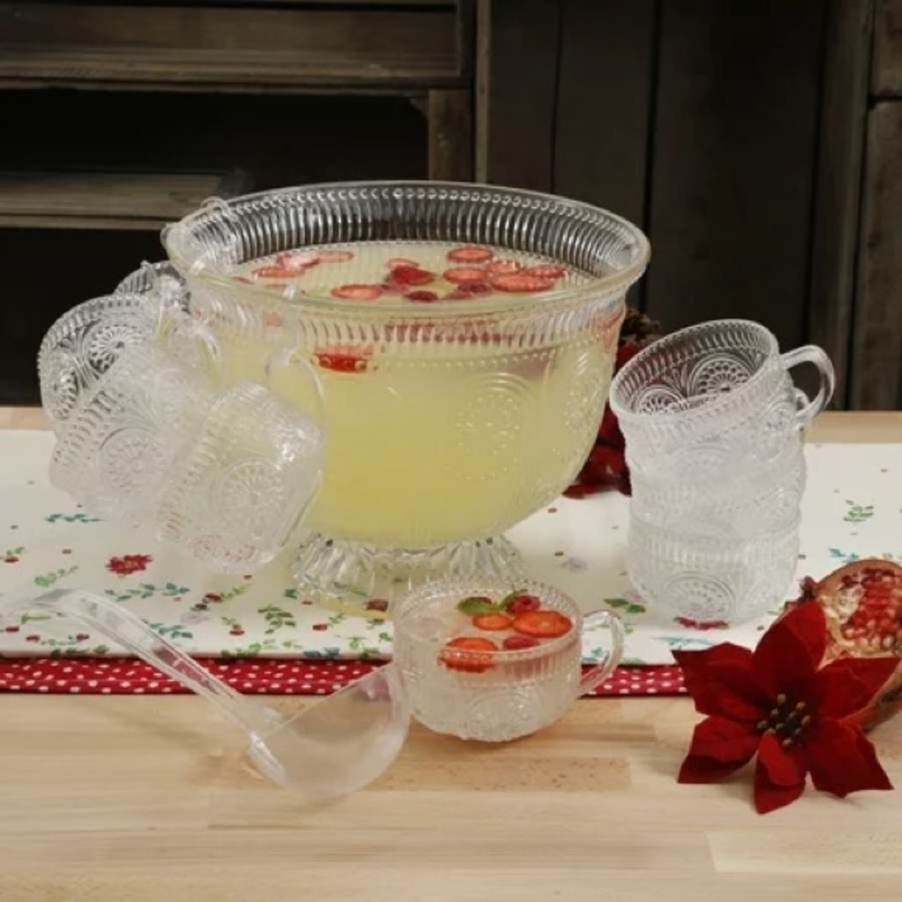 Last One! 🌺 New The Pioneer Woman Adeline Clear Glass Punch Bowl Set, 10 Piece